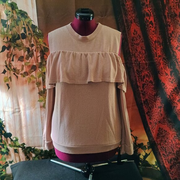 EUC: Mono B Large Tan Cold Shoulder Ruffle Sweatshirt - Picture 1 of 5